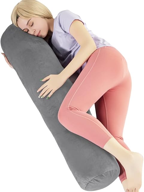 Body Pillow for Adults, Bolster Pillow with Removable Velvet Cover, Long Round Cervical Roll Pillow (Grey, 47 inch)