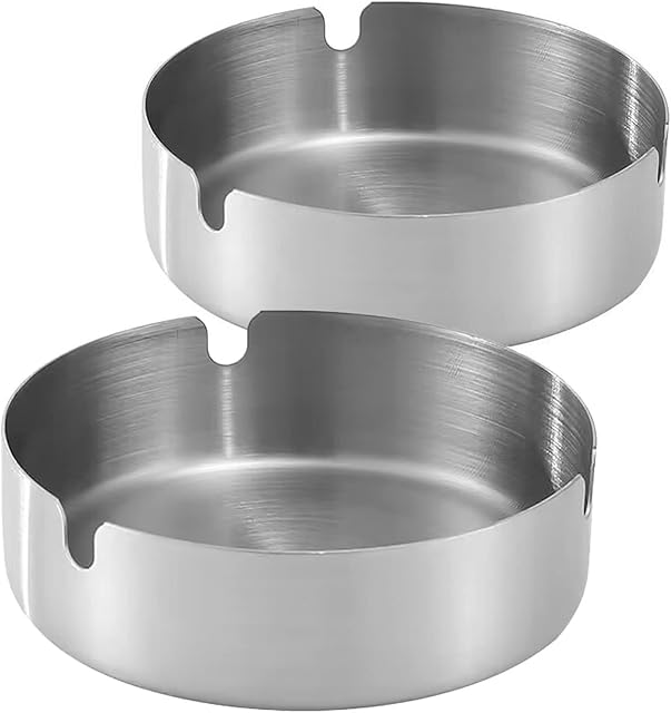 Ashtray Stainless Steel Cigarette Ashtray Ash Tray for Cigarettes 2 Pack (Silver, Large-3.94in)