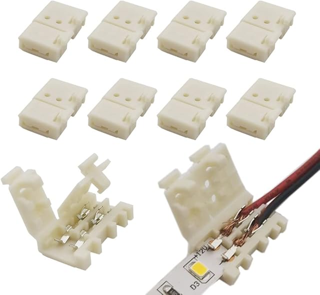 2-Pin 8mm LED Connectors Solderless Unwired Clips - DIY Strip to Wire Quick Connection for 12v 24v Single Color SMD 3528 2835 Tape Lights (Pack of 10)