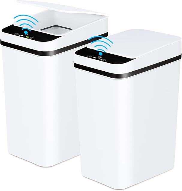 Bathroom Trash Cans with Lid 2 Pack 2.2 Gallon Touchless Automatic Motion Sensor Small Slim Garbage Can, Smart Electric Narrow Garbage Bin for Bedroom Office Kitchen (White)