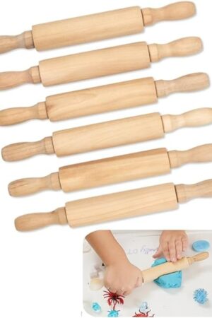 8-Inch Premium Kids Mini Rolling Pins (6-Pack) Splinter-Free, Non-Stick Hardwood for Baking, Sensory Crafts, Play-Doh, Clay, Therapeutic Fine Motor Skills for Toddlers, Great Gift for Children