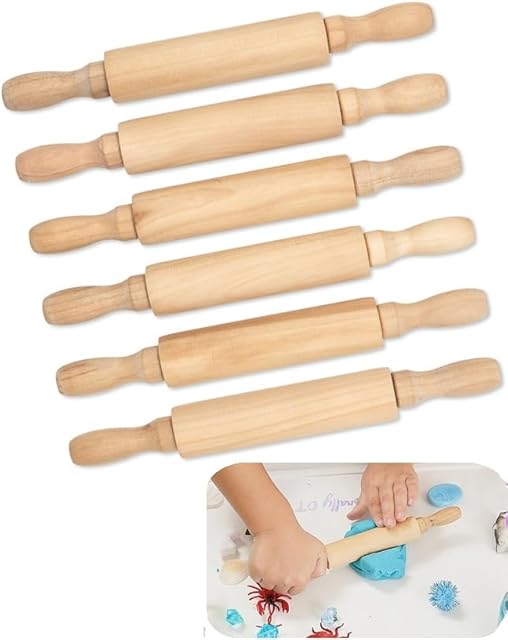8-Inch Premium Kids Mini Rolling Pins (6-Pack) Splinter-Free, Non-Stick Hardwood for Baking, Sensory Crafts, Play-Doh, Clay, Therapeutic Fine Motor Skills for Toddlers, Great Gift for Children
