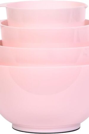 BoxedHome Nesting Plastic Mixing Bowl Set, 4 Piece Mixing Bowl Set with Pour Spouts, Size 1.7, 2.5, 3.5 and 4.5qt, for Prepping, Mixing, Baking, Cooking(2023 New Version, Pink)