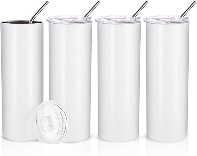 PYD Life Sublimation Blanks Skinny Tumbler White 20 OZ Straight Stainless Steel with Metal Straw for Mug Tumbler Heat Press Machine Sublimation Printing 4 Pack