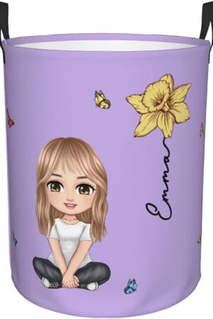 Custom Cartoon Character Laundry Basket for Kids Personalized Birth Flower Laundry Hamper Christmas Gift for Kids