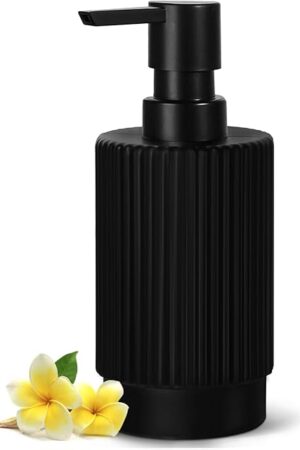 Black Soap Dispenser, 11 fl oz Hand Soap Dispensers for Bathroom, Matte Black Ribbed Glass Dish Soap Dispenser for Kitchen with Pump, Modern Refillable Liquid Soap Pump Bottle