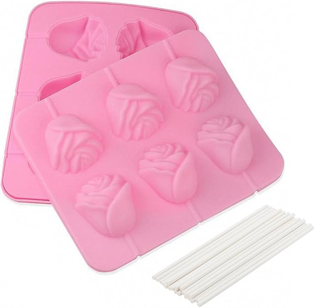 3D Flower Lollipop Mold and 20Pcs Sticks - MoldFun Rose Silicone Lolly Pop Tray for Hard Candy Chocolate Gummy Jello Sucker