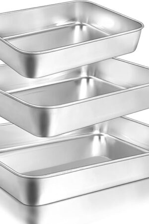 Baking Pans Set of 3, Commercial Grade Stainless Steel Cookie Pan for Baking, 12/10/9 Inch, Rectangle Bakeware Set for Cakes Breads Lasagna Casseroles, Rust & Warp Resistant & Nonstick, Heavy Duty