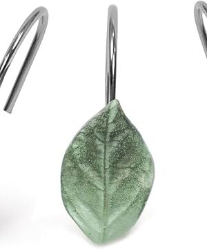 12PCS Leaves Shower Curtain Hooks, Decorative Shower Curtain Rings, Green Plant Leaf Shower Hooks Rustproof Stainless Steel, Bathrom Decor (Leaves)