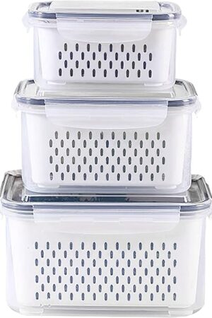 3Pack Fridge Food Storage Container Set with Lids with Strainer,Plastic Fresh Produce Saver Vegetable Fruit Meat Storage Organization, BPA-Free Plastic Produce Keepers(3.15L+1.7L+0.8L)