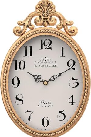 Abdurey Small French Retro Decorative Wall Clock, Antique Gold Vintage Oval Style,Silent Battery Operated Boho Decor Wall Clocks for Farmhouse,Kitchen,Bedroom,Bathroom(10.4" H x 6.7" W)