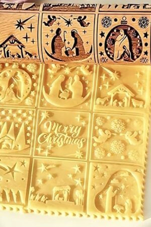 Christmas Wooden Rolling Pin for Baking Engraved Embossing Rolling Pin Cookie Stamps Roller Square Grid Cookies Mold Kitchen Decor Tools for Baking Embossed Cookies (9 Grilles Jesus)