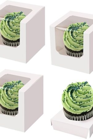 25 Pack Cupcake Boxes, White Paper Containers with Transparent Window and Built-in Dividers, Foldable 3.5"x3.5"x3.5" Cake Holders for Wedding and Party Favorsb