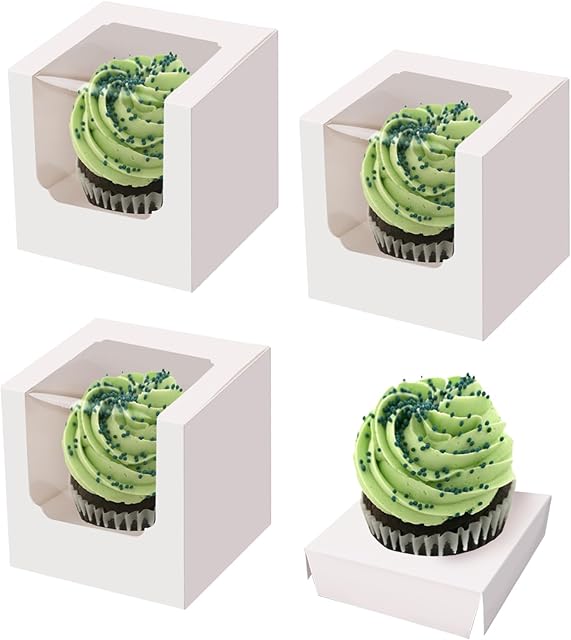 25 Pack Cupcake Boxes, White Paper Containers with Transparent Window and Built-in Dividers, Foldable 3.5"x3.5"x3.5" Cake Holders for Wedding and Party Favorsb