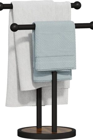 YINMIT Hand Towel Stand with Heavy Wood Base, Free Standing Towel Rack Double T-Shape Hand Towel Holder for Bathroom, Countertop Towel Holder for Bathroom, Kitchen, Countertop Vanity