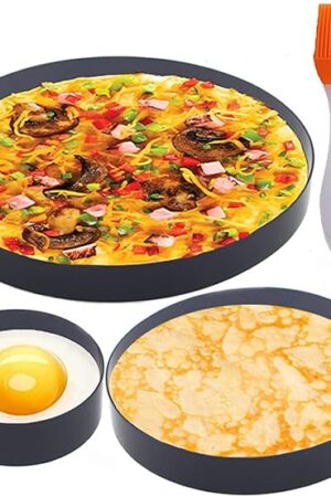 8" Omelette Ring,6" Pancake Ring,4" Griddle Egg Ring,Non-stick Stainless Steel Egg Cooker Omelet Ring Set(Upgrade Large 3 Packs Egg Cooking Rings for Griddle Frying Egg with Oil Brush & Egg Separator)