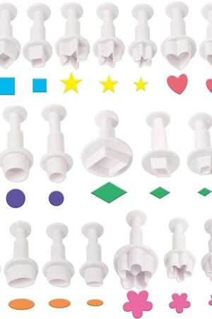 24 Pcs Cookie Cutters, Fondant Cake Cookie Plunger Cutter, Mini Plastic Biscuit Plunger Fondant Decorating Mold, Heart/Square/Oval/Circular/Star/Diamond/Flower