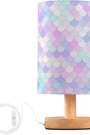 ALAZA Rainbow Scales Mermaid Decor Bedside Table Lamp with USB Port for Bedroom Nightstand Office Desk LED Bulb Included