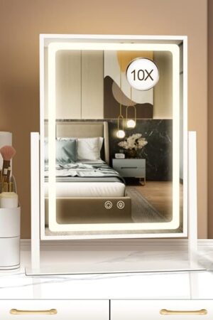 Vanity Mirror with Lights - 13.78"× 10.23" Adjustable Lighted Makeup Mirror for Desk, Detachable 10X Magnification Mirror, Touch Sensor, Desk Mirror for Bedroom & Dressing Room (White)