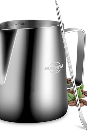 12oz Milk Frothing Pitcher, Stainless Steel Frother Cup with Scale & Latte Art Pen, Barista Milk Frother Cup for Latte, Cappuccino, Coffee Drinks