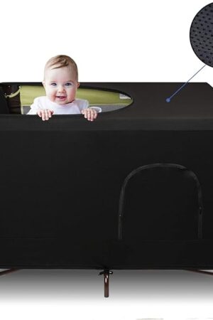 Dofilachy Blackout Cover for Pack N Play - Crib Blackout Cover Tent - Canopy Cover - Breathable Travel Crib Tent - Portable Stretchy Blackout Tent (Black)
