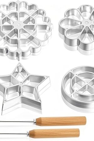 6 Pack Bunuelos Molds with Handles, Rosette Timbale Iron Set with 2 Interchangeable Heads, Aluminum Alloy Waffle Molds for Kitchen Baking, Lotus Star Cooking Stamp Houseware Tool