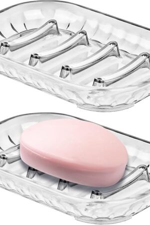 AMUONTY 2-Pack Soap Dish Holder for Bar Soap, Bathroom Soap Dishes Soap Holder, Soap Saver Dry Stop Mushy Soap Tray for Shower Bathroom, Kitchen Sink,Clear
