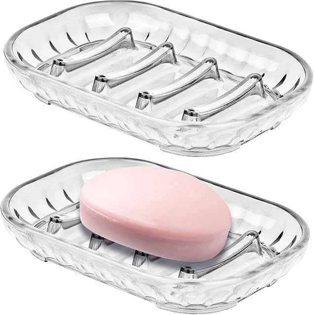 AMUONTY 2-Pack Soap Dish Holder for Bar Soap, Bathroom Soap Dishes Soap Holder, Soap Saver Dry Stop Mushy Soap Tray for Shower Bathroom, Kitchen Sink,Clear