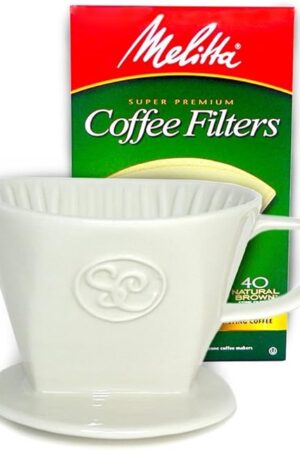 Ceramic Pour Over Coffee Maker with 40 Count Melitta Filters - Elegant Single Serve Coffee Dripper for Rich Brewed Pour Over Coffee