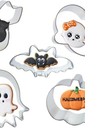 5 Pieces Mini Halloween Cookie Cutters, Size 2.2" to 2.6" Small Stainless Steel Molds Ghost, Cat, Bat, Pumpkin Holiday Shapes for Halloween Party Decorations