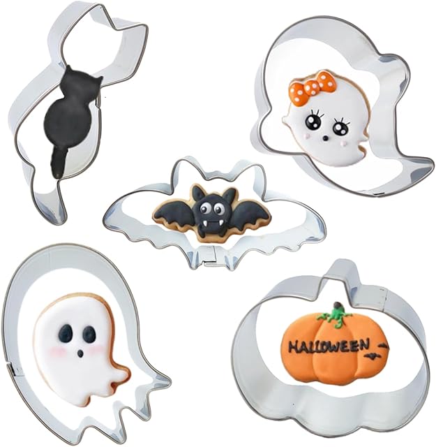 5 Pieces Mini Halloween Cookie Cutters, Size 2.2" to 2.6" Small Stainless Steel Molds Ghost, Cat, Bat, Pumpkin Holiday Shapes for Halloween Party Decorations