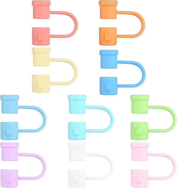 10 Pieces Silicone Straw Cover Set Reusable Drinking Straw Toppers Compatible with 6-8mm Straws 10 Colors Available Perfect for Traveling, Picnicking, Fitness, Party Decoration and Protection