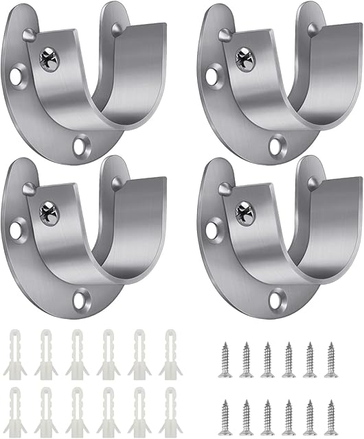 4 Packs Stainless Steel Wardrobe Bracket U-Shaped Rod Socket Flange 1-1/4" Diameter Heavy Duty Closet Rod Brackets End Supports for Closet Rod with Screws (Silver)