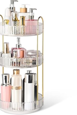 Brothersbox Rotating Makeup Organizer for Vanity, 3 Tier Perfume Organizers Skincare Organizers and Storage for Bathroom Countertop, Spinning Cosmetic Organizer for Bedroom Dresser Counter, Clear