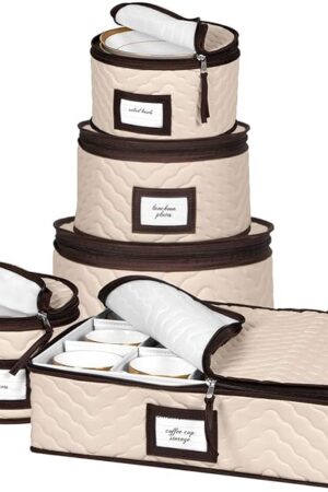China Storage Containers 5-Piece Set Moving Boxes for Dinnerware, Glasses, Plates, Mugs and Saucers Sturdy Quilted Microfiber Dish Organizer with Dividers for Seasonal Storage - Holds Set of 12