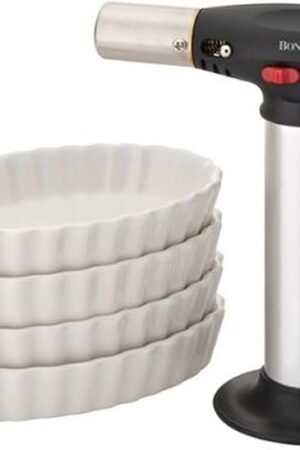 BonJour Chef's Tools Butane Crème Brûlée Torch and Porcelain Ramekin Set, 5-Piece, Stainless Steel, One Size - 53489