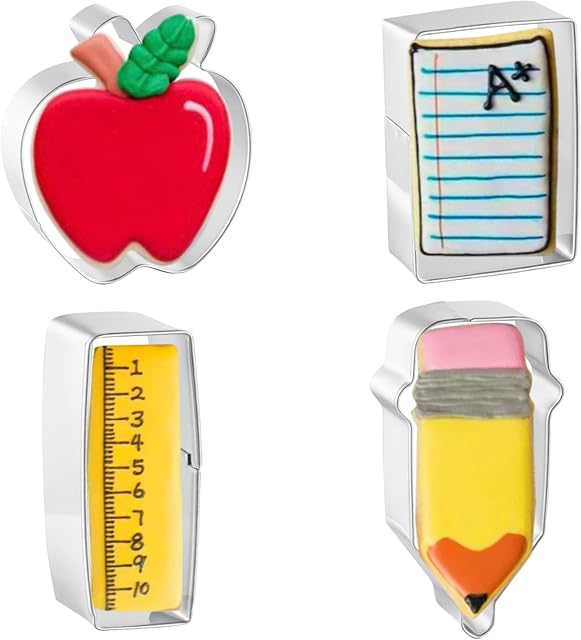 Cookie Cutters 4 PCS, for Back to School and Teacher Appreciation, Apple, Pencil, Paper, Ruler