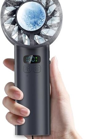 2025 Portable Handheld Ice Fan, Turbo Cooling Fans, 5200mAh, 100 Gear Hurricane Wind, ANC Silent Motor, Digital Display, USB C Rechargeable, Mini Icy Personal Electric Fan for Outdoor & Indoor (Black)