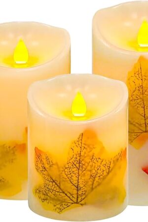 AVEKI Flickering Flameless Candles Set of 3 Orange LED Candle Light with Remote & Timer, Battery Operated Electric Pillar Real Wax Candle, Dimmable Fake Candles for Home Falll Halloween (Maple Leaf)