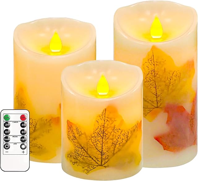 AVEKI Flickering Flameless Candles Set of 3 Orange LED Candle Light with Remote & Timer, Battery Operated Electric Pillar Real Wax Candle, Dimmable Fake Candles for Home Falll Halloween (Maple Leaf)