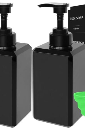 Black Soap Dispenser with Waterproof Labels, Thickened Plastic Hand Soap Dispenser for Bathroom, Kitchen Dish Washing Liquid Bottles, Shampoo and Conditioner Bottles with Funnel (15oz 2Pack Black)