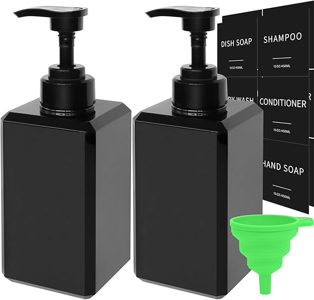 Black Soap Dispenser with Waterproof Labels, Thickened Plastic Hand Soap Dispenser for Bathroom, Kitchen Dish Washing Liquid Bottles, Shampoo and Conditioner Bottles with Funnel (15oz 2Pack Black)