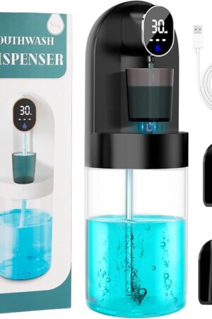 Automatic Mouthwash Dispenser for Bathroom 20.29 oz, Wall-Mounted Electric Mouth Wash Dispensers with 2 Megnetic Cups, 4 Dispensing Modes for Kids Family Couple Use (Black)
