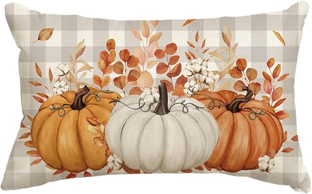 AVOIN colorlife Pumpkin Buffalo Plaid Orange Fall Throw Pillow Cover, 12x20 Inch Seasonal Autumn Thanksgiving Harvest Decoration for Home Sofa Couch
