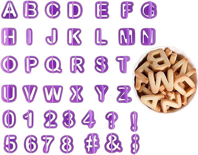 BlingKingdom 40pcs Alphabet Cookie Cutters Set Purple Plastic Letter Icing Cake Decorating Fondant Number Cutters Mould Tools for Sugarcraft Biscuit Pastry Plunger Baking