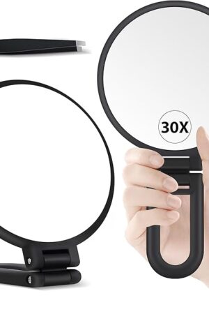 B Beauty Planet 30X Magnifying Mirror, Hand Mirror with Handle, Double Sided Hand Mirror with 30X/1X Magnification, Travel Essential Portable Foldable Makeup Mirror for Precision Makeup Black