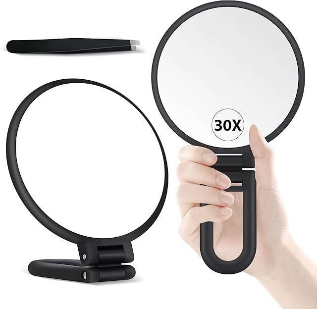 B Beauty Planet 30X Magnifying Mirror, Hand Mirror with Handle, Double Sided Hand Mirror with 30X/1X Magnification, Travel Essential Portable Foldable Makeup Mirror for Precision Makeup Black