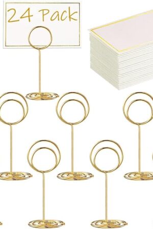 24 Pcs Premium Mini Table Number Holders and 24 Pcs Place Cards with Gold Foil Border, Place Card Holder, Table Sign Stand, Photo Picture holders for Centerpieces, Wedding, Party, Birthday