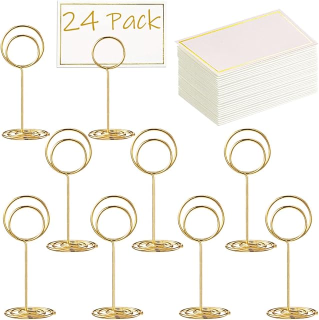 24 Pcs Premium Mini Table Number Holders and 24 Pcs Place Cards with Gold Foil Border, Place Card Holder, Table Sign Stand, Photo Picture holders for Centerpieces, Wedding, Party, Birthday