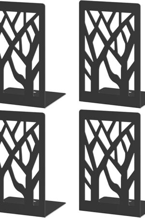 VFINE 4-Piece Modern Metal Bookends for Shelves, Black Tree Book Ends for Books, Decorative Book Organizer for Desk, Non-Skid Shelve Bookends for Home Office
